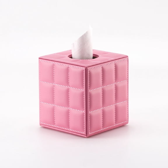 Zhuge Square Leather Tissue Box Cover - Stylish Cube Tissue Box Holder , Decorative PU Tissue Box for Vanity Dresser Night Stand Table Countertop Home Office Car, Grid WhitePink