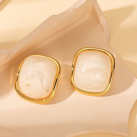 Zhuge Stainless Steel Square Resin Stud Earrings, Women's Bohemian Summer Multi-Color Statement Earrings,White