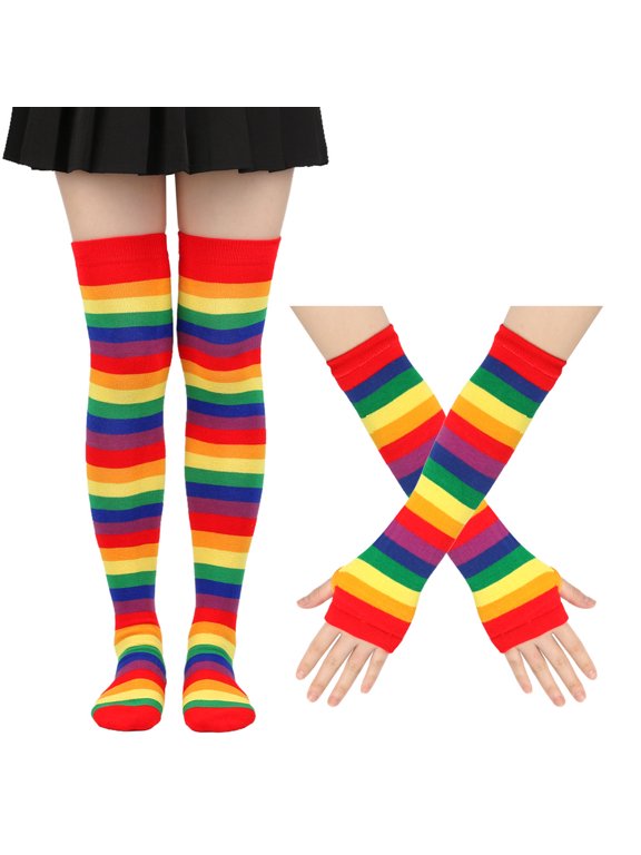 Striped Thigh High Socks and Arm Sleeve Warmers, Colorful Knit Costume Kit, Cosplay Outfit Accessories for Holiday Themed Parties, Multicolor B