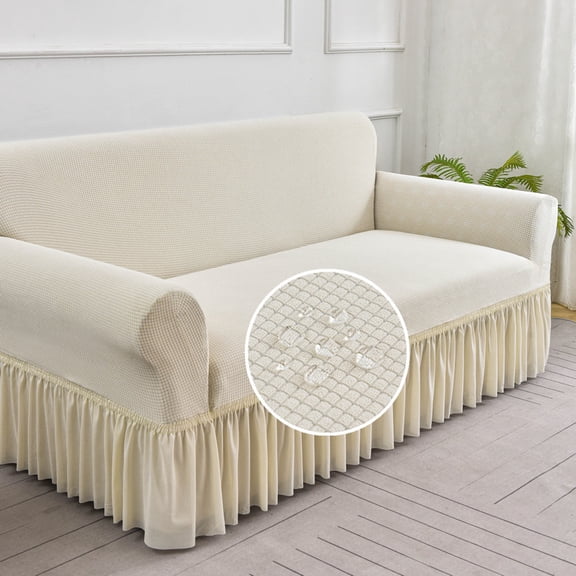 Zhuge Velvet Stretch Couch Slipcover with Decorative Skirt, Universal Snug-Fit Furniture Shield, Pet-Safe Machine Washable Elastic Stretch Protector for Cushion Sofas(73-90in,White)