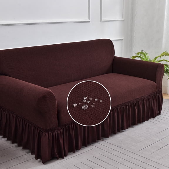 Zhuge Velvet Stretch Couch Slipcover with Decorative Skirt, Universal Snug-Fit Furniture Shield, Pet-Safe Machine Washable Elastic Stretch Protector for Cushion Sofas(73-90in,Brown)