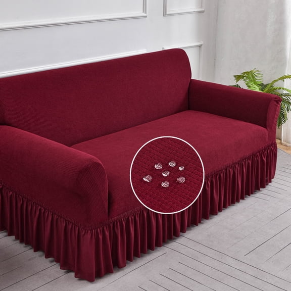 Zhuge Velvet Stretch Couch Slipcover with Decorative Skirt, Universal Snug-Fit Furniture Shield, Pet-Safe Machine Washable Elastic Stretch Protector for Cushion Sofas(57-73in,Wine Red)