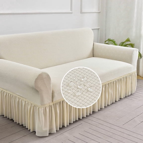 Zhuge Velvet Stretch Couch Slipcover with Decorative Skirt, Universal Snug-Fit Furniture Shield, Pet-Safe Machine Washable Elastic Stretch Protector for Cushion Sofas(57-73in,White)