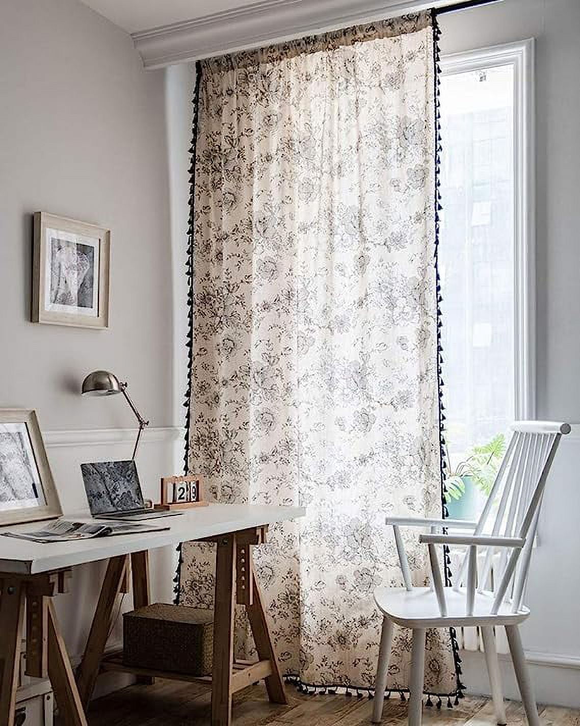 Zhuge Vintage Floral Print Cotton Linen Window Curtain Panel with Tassels Boho Farmhouse Room Darkening Curtain Panel for Bedroom Living Room, 1 Piece (59"x71",Flower)