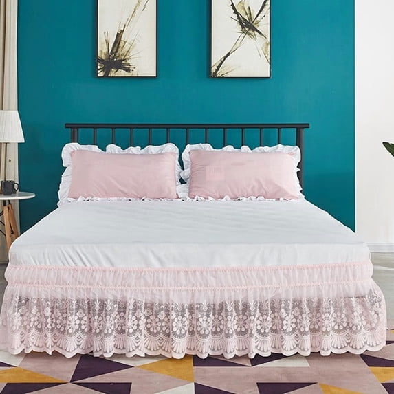 Zhuge Vintage Pleated Dust Ruffle with Lace Trim, Retro Elegant Bed Skirt, 39.38 x 78.75 Inch Base 14.97 Inch Drop Bedroom Bedding Decor, Pink