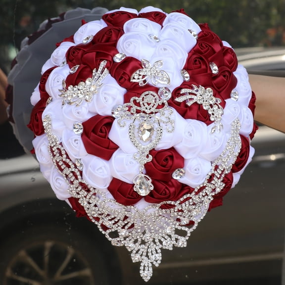 Zhuge Vintage Royal Bridal Wedding Bouquet, Handmade Large Silk Rose Artificial Bouquet Adorned with Pearls, Rhinestones & Satin Ribbon (Dark Red and White)