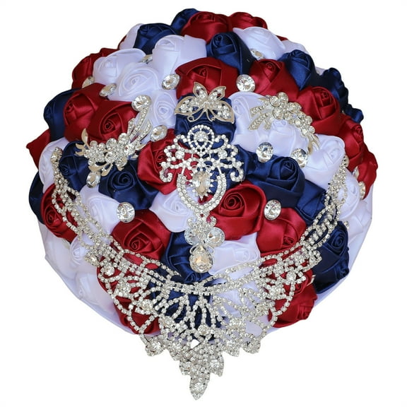 Zhuge Vintage Royal Bridal Wedding Bouquet, Handmade Large Silk Rose Artificial Bouquet Adorned with Pearls, Rhinestones & Satin Ribbon (White Red and Blue)