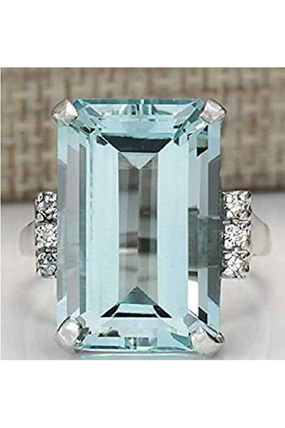Vintage Women 925 Silver Aquamarine Gemstone Ring Wedding Jewelry Size (8)