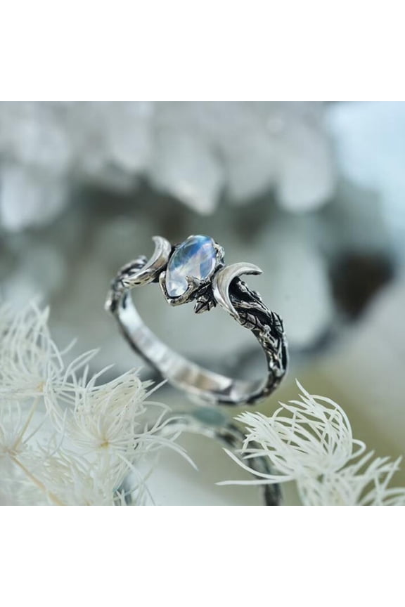 Vintage Women Bohemian Triple Moon Phase Ring Natural Moonstone Moon Ring Engagement Party Wedding Jewelry Rings (Size 10)