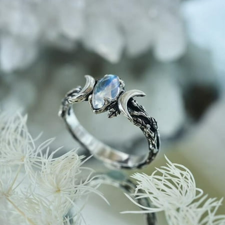 Zhuge Vintage Women Bohemian Triple Moon Phase Ring Natural Moonstone Moon Ring Engagement Party Wedding Jewelry Rings (Size 9)