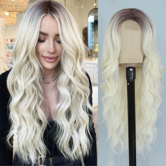Zhuge Wavy Wig No Bangs Middle Parted Cosplay Hair for Daily Party,25.6in,Blonde A08