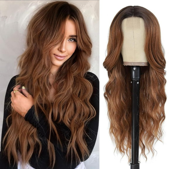 Zhuge Wavy Wig No Bangs Middle Parted Cosplay Hair for Daily Party,25.6in， Brown A05