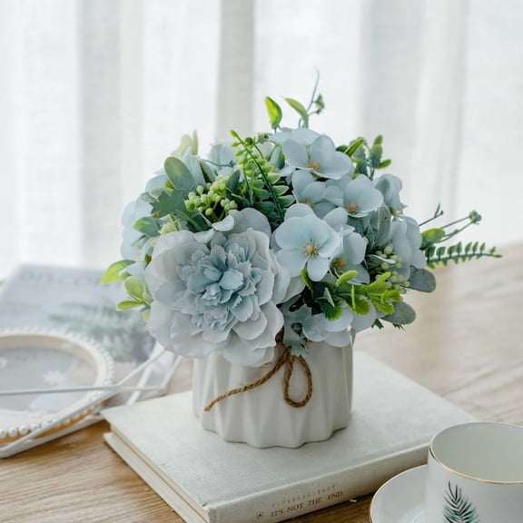 Zhuge Wedding Table Centerpieces, Artificial Faux Silk Flowers with Vase for Decoration, Blue E