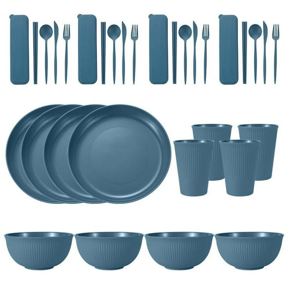 Zhuge Wheat Straw Dinnerware Sets, 32-Piece Plates and Bowls Sets, Cutlery, Microwave Safe Unbreakable Dinnerware for Parties, Picnic, College Dorm, Camping Blue