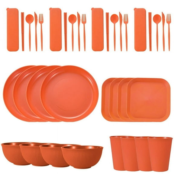 Zhuge Wheat Straw Dinnerware Sets, 36-Piece Plates and Bowls Sets, Cutlery, Microwave Safe Unbreakable Dinnerware for Parties, Picnic, College Dorm, Camping Orange