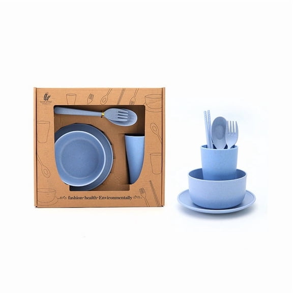 Zhuge Wheat Straw Dinnerware Sets, 6 Pcs Unbreakable Cutlery Set Reusable Dishware Sets-Blue