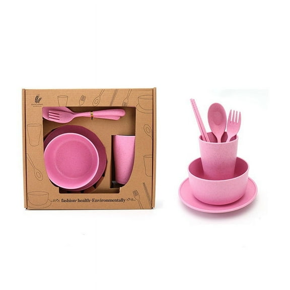 Zhuge Wheat Straw Dinnerware Sets, 6 Pcs Unbreakable Cutlery Set Reusable Dishware Sets-Pink