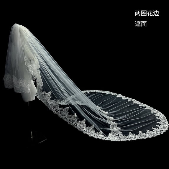 Zhuge White Ivory Wedding Veils Lace Edge Cathedral Length Wedding Bridal Veil with Comb for Women, 149.6*118 Inches,Can cover the face,M