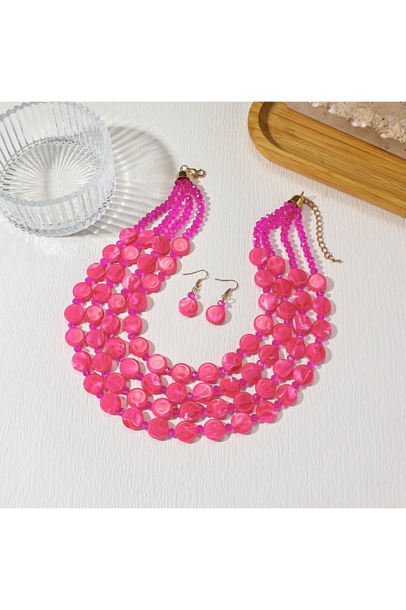 Women Shell Jewelry Combo, Multi-layer Chunky Beaded Statement Necklace And Earrings Fashion Daily Dress Up Ornament Gift, Rose Red