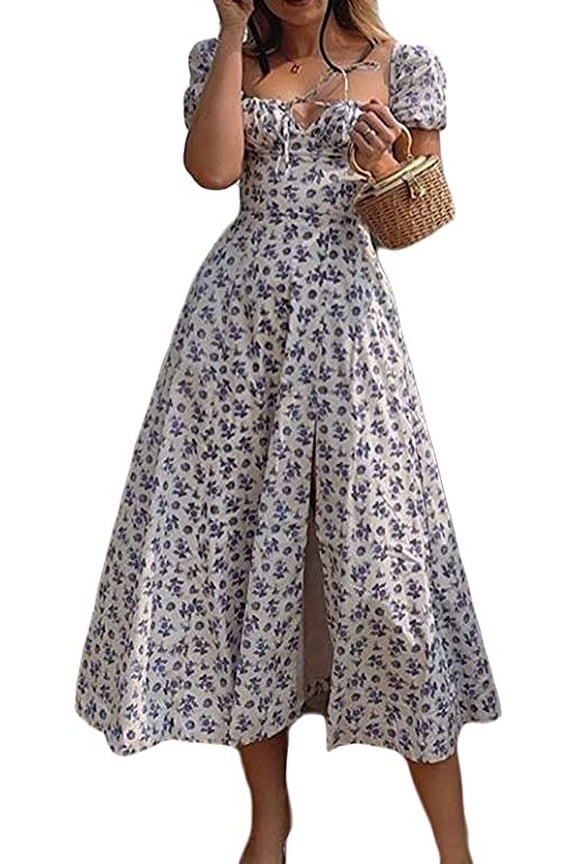 Women Summer Boho Wrap Dress, Bohemian Floral Printed Short Sleeve Split Beach Party Vintage Maxi Dress Square Neck Dress Light Blue, Medium