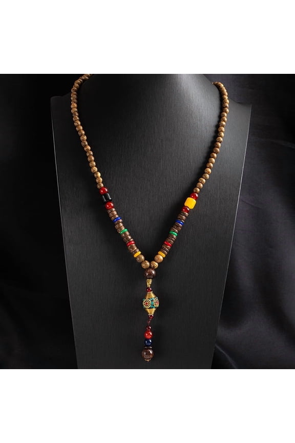 Women Vintage Long Wooden Bead Necklace, Ethnic Handcrafted Chunky Rosary Pendant Sweater Chain Stylish Casual Statement Neck Ornament, R2