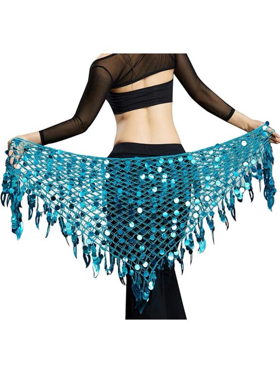 Women's Belly Dance Hip Scarf, Sequin Mesh Triangle Wrap Skirt, Blue