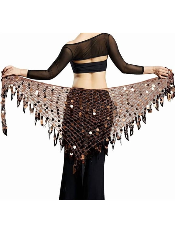 Women's Belly Dance Hip Scarf, Sequin Mesh Triangle Wrap Skirt, Coffee