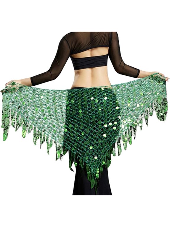 Women's Belly Dance Hip Scarf, Sequin Mesh Triangle Wrap Skirt, Dark Green