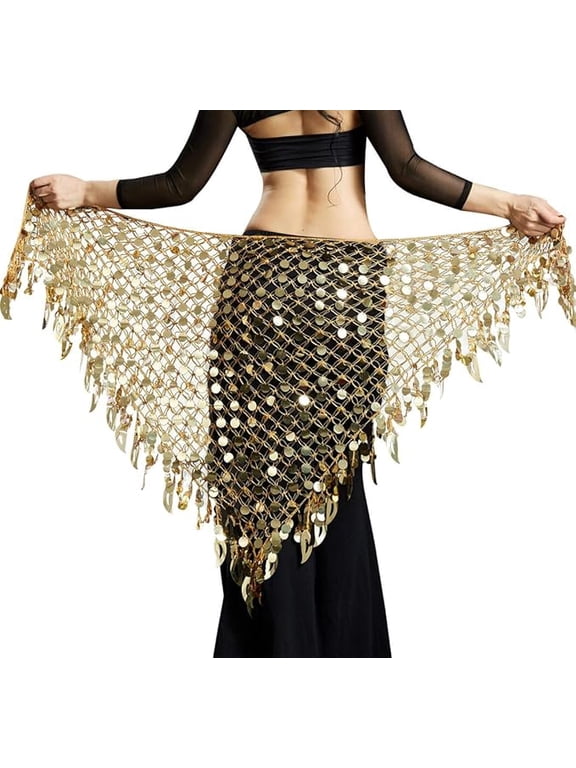 Women's Belly Dance Hip Scarf, Sequin Mesh Triangle Wrap Skirt, Golden