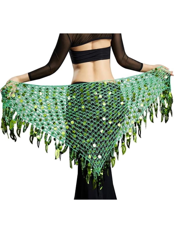 Women's Belly Dance Hip Scarf, Sequin Mesh Triangle Wrap Skirt, Green