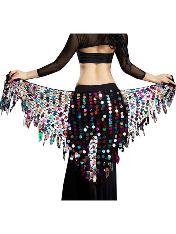 Women's Belly Dance Hip Scarf, Sequin Mesh Triangle Wrap Skirt, Multicolored