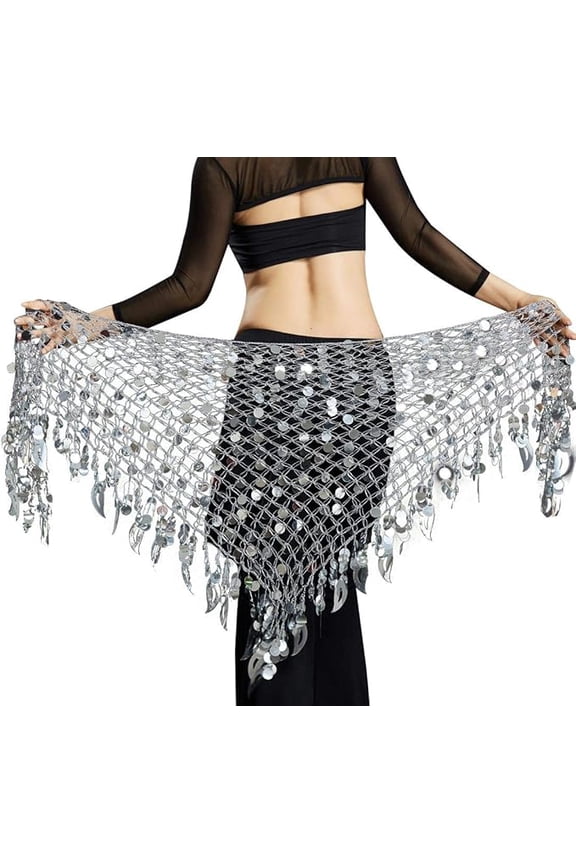 Women's Belly Dance Hip Scarf, Sequin Mesh Triangle Wrap Skirt, Silver