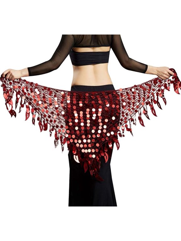 Women's Belly Dance Hip Scarf, Sequin Mesh Triangle Wrap Skirt, Wine Red