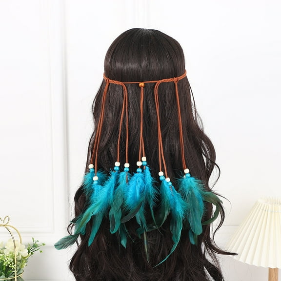 Zhuge Womens Boho Feather Headband Headdress, with Tassel for Festival Hair Accessories, Lake Blue
