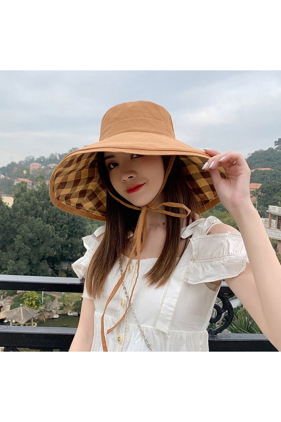 Women's Bucket Hat Summer Travel Cotton Plaid Colorful Foldable Reversible Bucket Hat (Camel)