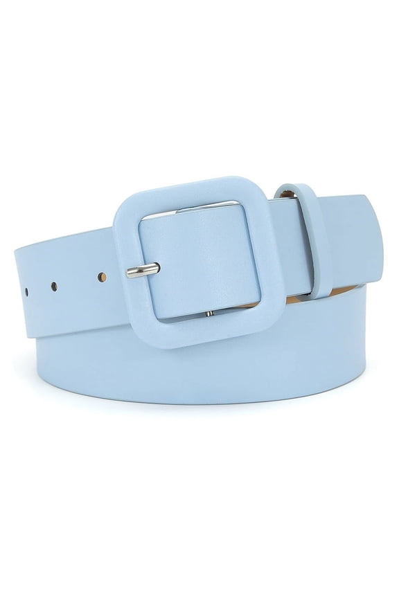 Women's Fashion Candy Color Leather Belt with Square Buckle, Stylish Waist Belt for Jeans, Pants, Dresses & Daily Outfits, Light Blue