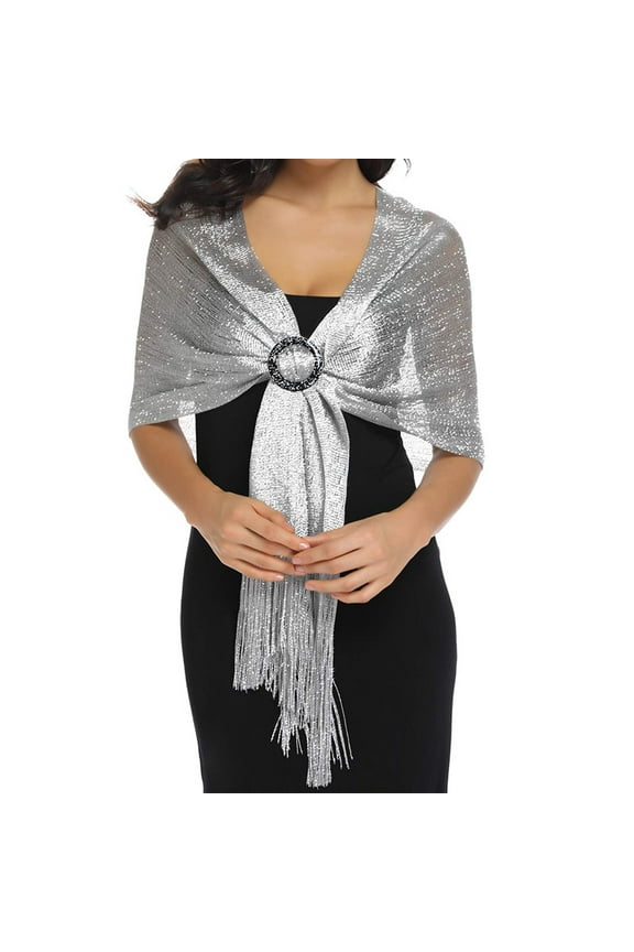 Women's Formal Shawl with Embellished Buckle Elegant Evening Party & Wedding Accessory-Silvery