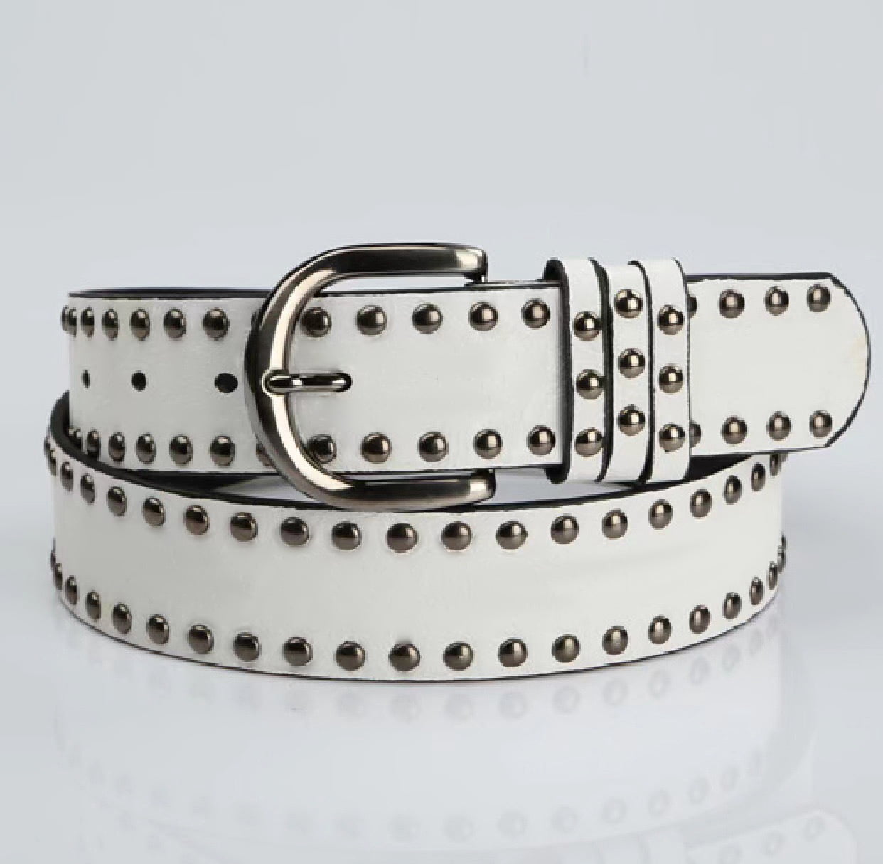 Women Faux Leather Rivets Belt Silver Buckle Adjustable Fashion Accessory Belt Black W/Eyelet Grommet Silver Studded Punk Faux leather  main image 2