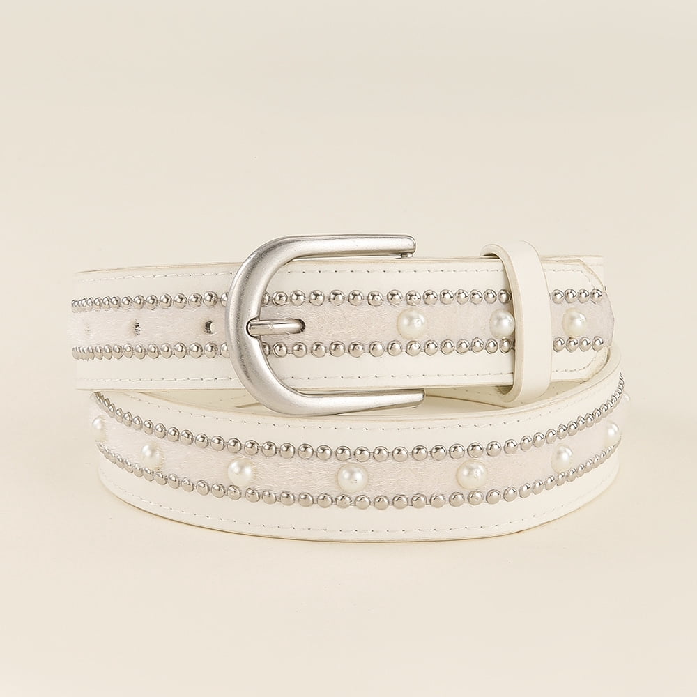 Women\'s White Fashion Leather Belt Punk Studded Belt for Jeans Pants Dresses WRITWAA White Pu Leather Punk Studded Belt for Women, Square  main image 3