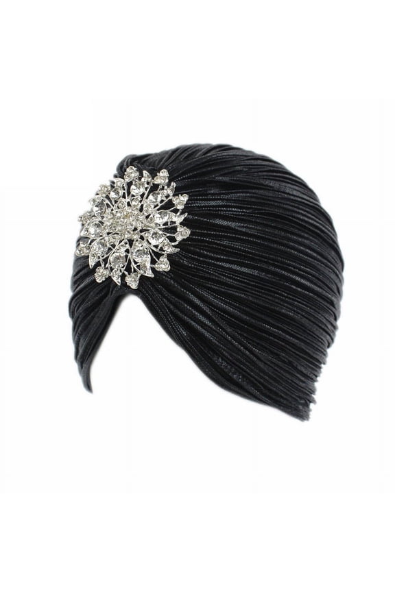 Women's Ruffled Turban Hat Sequin Twist Curls Stretch Turban with Removable Crystal Brooch (Black)