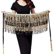 Zhuge Womens Sequin Tassel Belly Dance Skirt, Glitter Sparkly Fringe Hip Scarf Skirt, Black Golden