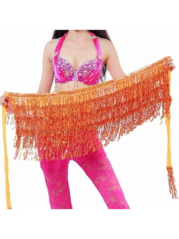 Women's Sequin Tassel Belly Dance Skirt, Glitter Sparkly Fringe Hip Scarf Skirt, Orange