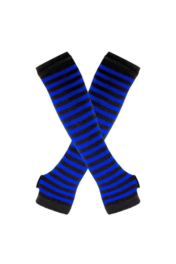 Women's Winter Knitted Striped Arm Warmers, Long Fingerless Gloves for Punk Rock, Goth & Christmas Party, Black Blue