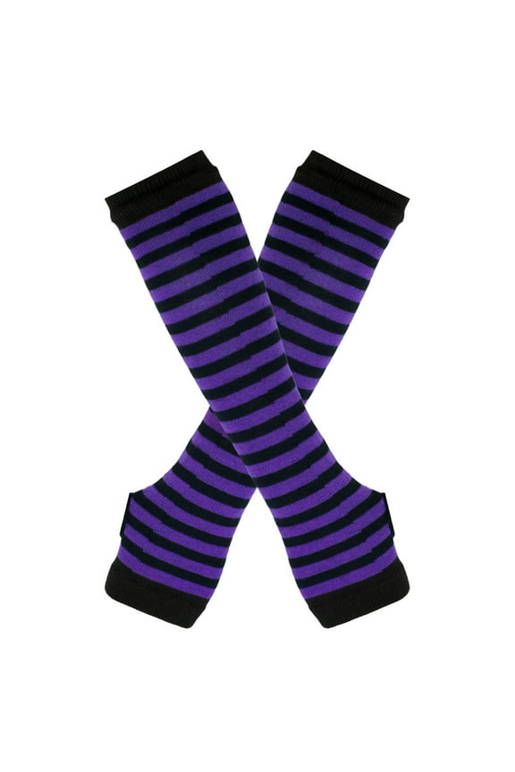 Women's Winter Knitted Striped Arm Warmers, Long Fingerless Gloves for Punk Rock, Goth & Christmas Party, Black Dark Purple
