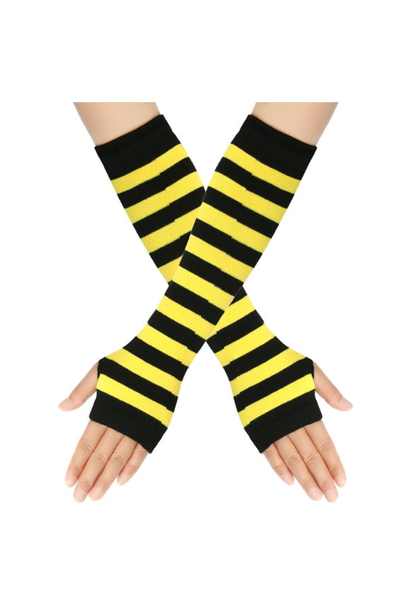 Women's Winter Knitted Striped Arm Warmers, Long Fingerless Gloves for Punk Rock, Goth & Christmas Party, Black Yellow A