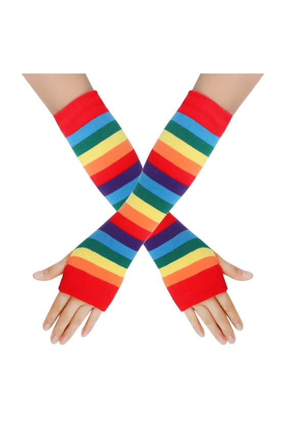 Women's Winter Knitted Striped Arm Warmers, Long Fingerless Gloves for Punk Rock, Goth & Christmas Party, Style E