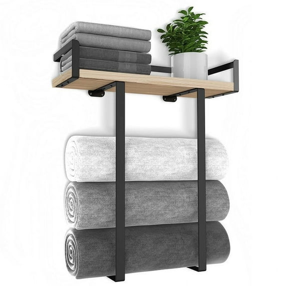 Zhuge bathroom wall mounted towel rack, metal towel rack with wooden frame, used for folding large towels, towel storage for small bathroom organizer decoration or RV camping, black