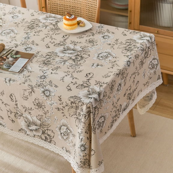 Zhuge black printed Fresh Rustic Country Style Tablecloth, with Crochet Lace Trim, Ideal for Home Tea Tables & Decorative Use (160 * 140cm)