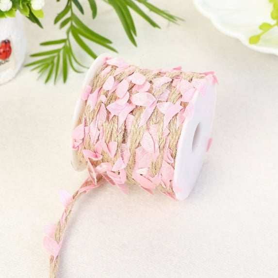 Zhuge burlap leaf ribbon, 66 feet in total, 5mm natural jute thread ribbon with artificial leaves, used for crafts, weddings, jungle wildlife park parties, home decor (2 pieces, pink)