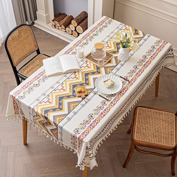Zhuge cotton linen tablecloth, no wash fabric, ethnic style rectangular tassel tablecloth, homestay wallpaper, waterproof and oil resistant (yellow)